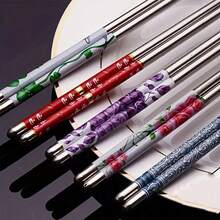 Multi-Color Floral Print Stainless Steel Chopsticks Set, Non-Slip Reusable Korean & Japanese Style Dining Chopsticks - View 4