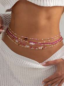 1 Set 6 piezas Cadena de cintura de estilo bohemio de vacaciones hecha a mano con cuentas de piedra blanca falsa, joyería de cintura de dopamina dulce y fresca para chicas, multi-capa apilable, adecuada para uso diario de mujeres, vacaciones, fiestas (color de cuentas hecho a mano, cantidad, posición aleatoria) - Rosa - Ver 2