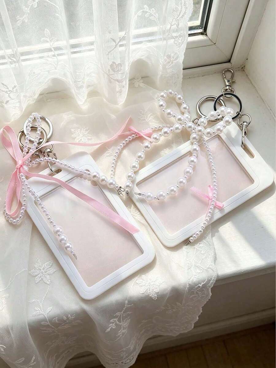 可愛蝴蝶結卡套附珍珠蝴蝶結鑰匙圈,時尚 Y2K 風格女款卡套,可滑動伸縮卡套,照片卡套,DIY 鑰匙圈包飾,優雅蝴蝶結識別證卡套,適用於工作識別證、學生證、信用卡,辦公與學校用品,獨特生日禮物、節日禮物、派對禮物、開學禮物 - 彩色 - 查看 1