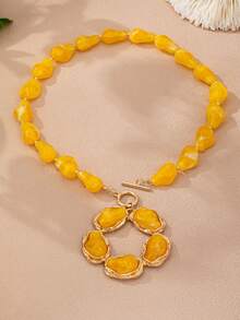 1 Pc Baroque Irregular Pearl Long Necklace For Women, Gold Color Trim Hollow Wreath Pendant OT Toggle Statement Jewelry - Yellow Baroque Pearl Pendant Necklace - View 2