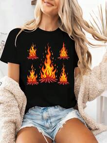 Comfortable Women's T-Shirt With Vibrant Multicolored Rising Flame Print - 黑色 - 查看 1