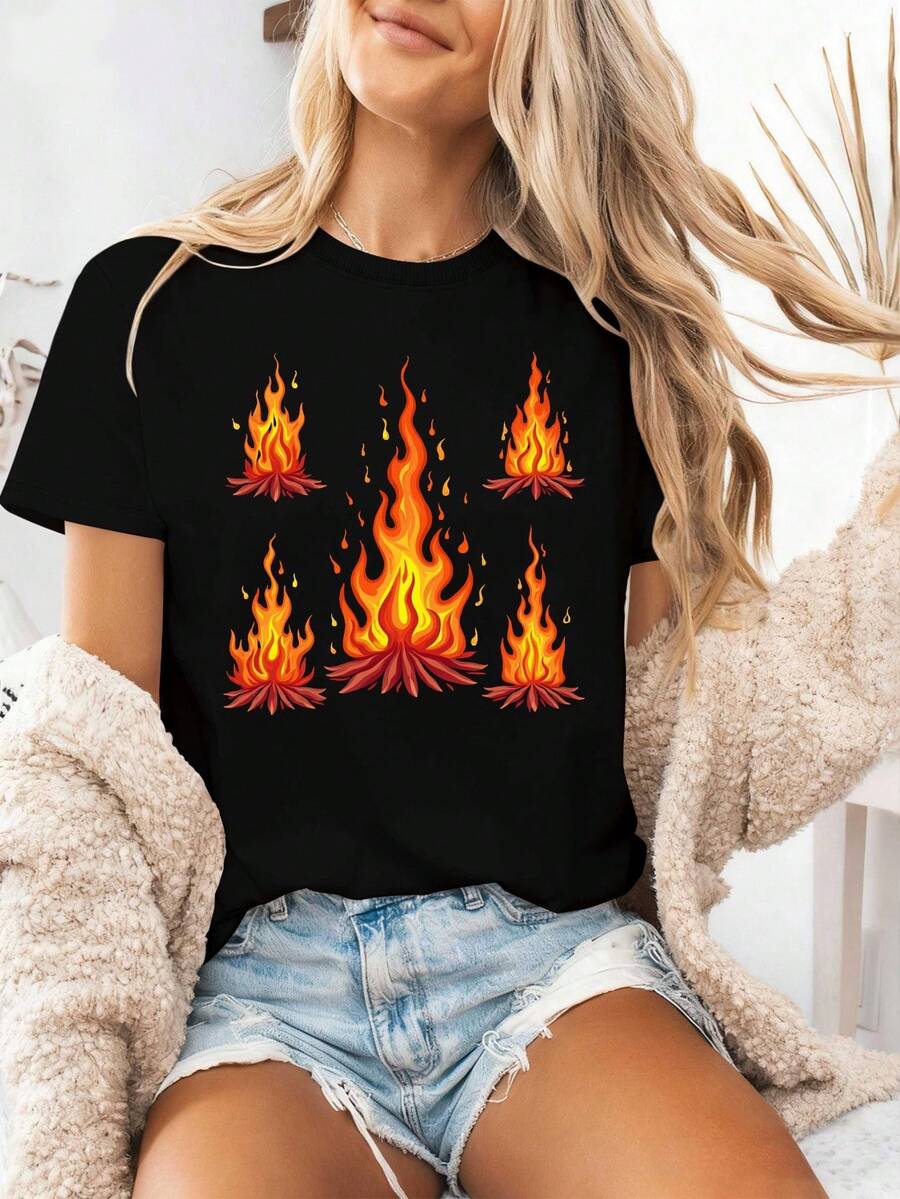 Comfortable Women's T-Shirt With Vibrant Multicolored Rising Flame Print - 黑色 - 查看 1