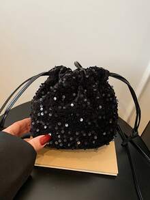 Women's Drawstring Mini Crossbody Bucket Bag, Diamond Quilted Pattern, Daily & Outdoor Use - Black - View 8