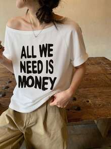 時尚女款露肩短袖T恤，印有「We Only Need Money」標語，高彈力面料，打造秋季造型 - 白色 - 查看 1
