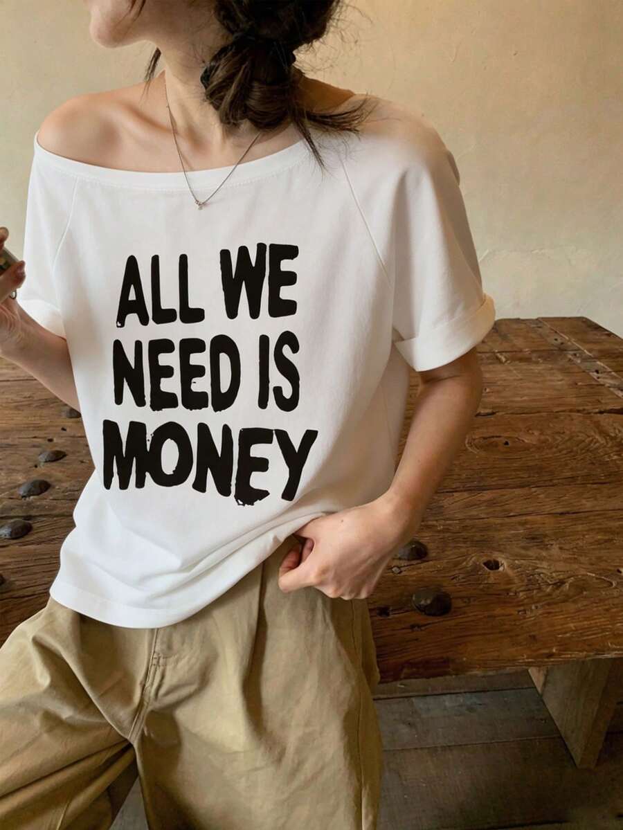 時尚女款露肩短袖T恤,印有「We Only Need Money」標語,高彈力面料,打造秋季造型 - 白色 - 查看 1