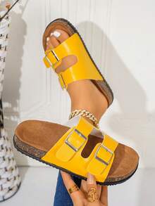 Sapatos Elegantes Louis para Mulheres, Novas Sandálias Planas de Verão para Mulheres, Design Fofo com Fivela, Sapatos de Praia, Chinelos de Verão Respiráveis com Bico Aberto e Bico Redondo, Chinelos Planos Estilo Urbano de Férias da Moda, Sandálias Elegantes para Mulheres, Palmilha de Camurça Sintética Anti-Suor e Anti-Odor com Suporte de Arco, Sandálias de Verão Adequadas para Férias, Rua de Verão, Praia, Deserto, Escritório, Apartamento e Vários Cenários, Podem ser Combinadas com Qualquer Roupa, Sandálias Amarelas para Mulheres - Amarelo - Visão 3