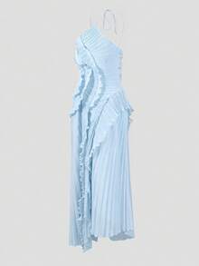 Women's Blue Lightweight Halter Neck Backless Ruffle Mid-Length A-Line Dress, Sleeveless Polyester, Suitable For Party, Night Out, Date, Beach, Summer - Baby Blue - View 8