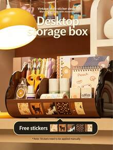 Multi-Compartment Desktop Organizer, Vintage Style Student Pen Holder Stationery Storage Rack, Makeup Divided Storage Basket, Large Capacity Office Desk & Dormitory Miscellaneous Storage Rack, Comes With Decorative Stickers School Supplies - Multicolor - View 2