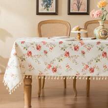 1pc Watercolor Rose & Wildflower Print Tassel Rectangular Tablecloth, Fresh Farmhouse Style Washable Dining Tablecloth, Suitable For Kitchen, Picnic, Dinner Party, Wedding, Indoor/Outdoor Use - Blue and White - View 3