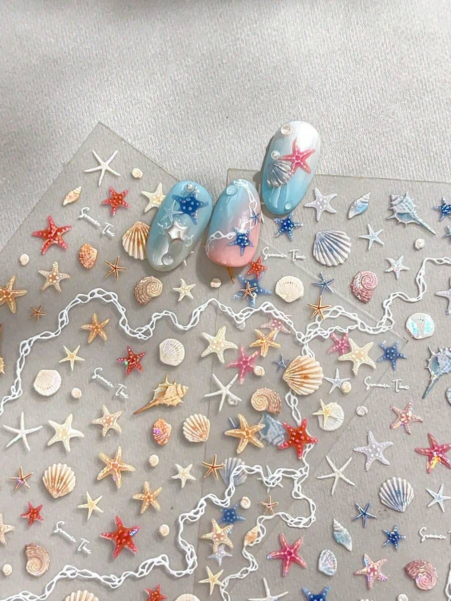 1/2/3片 5D 浮雕貝殼發光海星貝殼美甲貼紙,海洋度假風自黏式 DIY 美甲貼紙與貼花 - 美甲用品與美甲裝飾美甲工具,適合女孩與女性 - 夏季美甲沙龍度假風,適合美甲師 - 彩色 - 查看 1