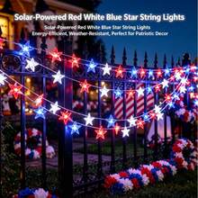 39Ft 80-LED Decorative String Lights: Red, White, And Blue Star-Shaped Lights. Suitable For Indoor And Outdoor Use, Home Decor, And Holiday Celebrations Such As Presidents' Day, Independence Day, And National Day. - 紅白藍星星銅線燈 - 查看 1