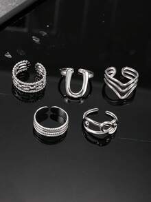 Set Cincin Pria 5 Buah dari Baja Tahan Karat, Gaya Minimalis, Rantai Gelombang Berlapis Ganda dengan Desain Putaran Berongga, Cincin Terbuka, Serbaguna untuk Pemakaian Sehari-hari, Hadiah untuk Pacar - Perak - View 2