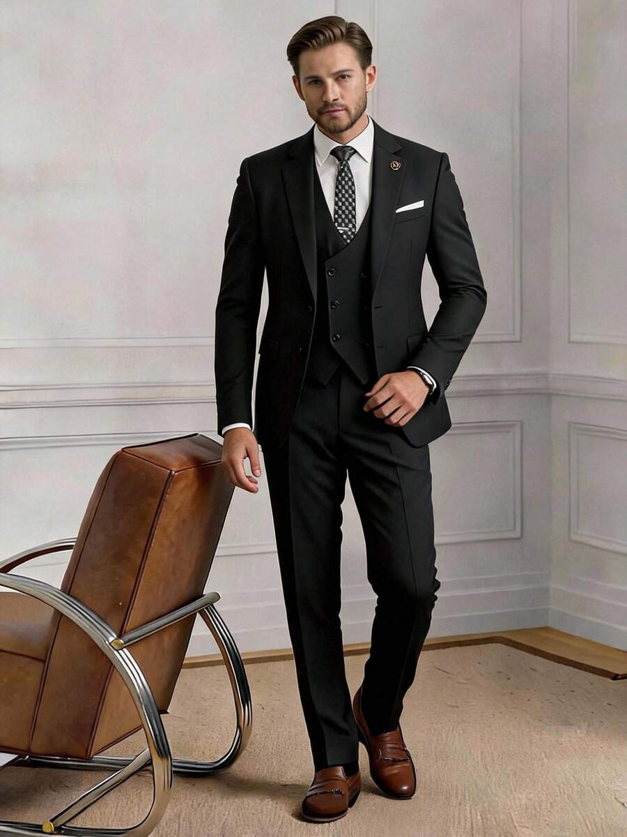 Men Suits Slim Fit For Business Work And Wear 3Pcs Set - Black - View 1