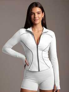 Soyun New Night Running Reflective Outdoor Sports Yoga Quick Drying Anti Fuzzing Jacket, Thumb Pocket Stand Up Collar Design, Daily Casual - White - View 3