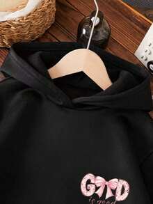 Young Girl Cartoon Letter Pattern Warm Hooded Sweatshirt - Black - View 3