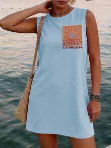 Vestido casual de moda Y2K bohemio para mujer con cuello redondo, estampado de letras en inglés y sol, elegante para la vuelta al colegio y brunch de primavera/verano - Azul - Ver 6