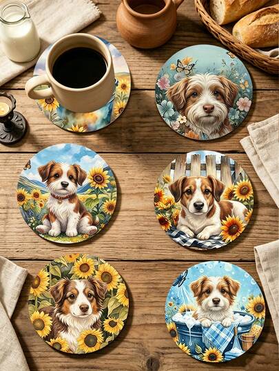 1/6pcs Cute Farm Dog Print Wooden Coasters, Rustic Sunflower Puppy Drink Coaster Set, Coffee Table Heat-Insulating Coasters, Home Decor, Kitchen Bar, Party Table Protection, Non-Slip Beverage Coasters, Dog Lover Housewarming Gift