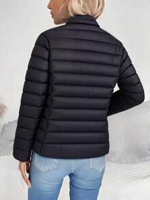 Women's Spring Slim-Fit Warm Solid Color Jacket - Elegant, Made Of Padded Polyester Fiber Material - Short Jacket Black - Black - View 2