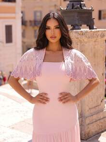 New Heavy Embellished Luxury Diamond Shawl + Bandage Dress 2-Piece Set, Flowing Mesh Skirt, Elegant Glamorous Birthday Party Bandage Dress - Pink - View 8