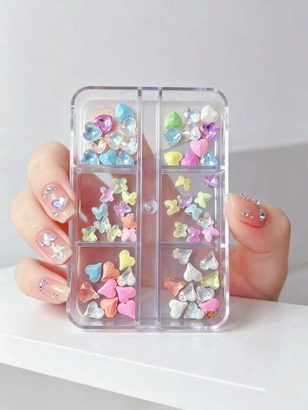 1 Box Of 3D Summer Mocha Butterfly/Heart-Shaped Artificial Nail Crystal Nail Products, Randomly Packaged With Multiple Color Blends, Suitable For Parties, Outings, Nail Decoration, DIY Handmade Accessories, And Popular Nail Styles In Japan And Korea
