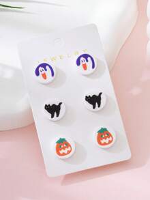 3 Pairs/Set Halloween Horror Witch Black Cat Pumpkin Design Women's Fashion Stud Earrings Set, Perfect Gift For Holiday Parties - Multicolor - View 1