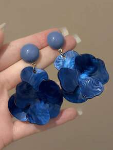 1 Pair Exaggerated Fashion Blue Acetate Flower Earrings Suitable For Women Party And Gathering Wear - Royal Blue - View 6