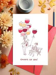 1pc Congratulations Card "Cheers To You!" With Envelope – Funny Wine Glass & Balloon Design – Blank Inside For Birthday, Success & Celebrations - A - View 2