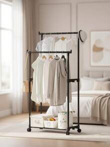 1pc Modern Adjustable Double Rack | Space-Saving Clothes & Shoe Organizer | Portable Floor Standing For Bedroom/Balcony - Black and White - View 3
