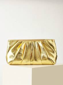 AIBBYDAR Women's Clutch Bag, Gold Fashion Elegant Pleated Bag, Gold Bag, Women's Handbag, Evening Bag, Portable Makeup Bag, Wallet, Business Commute, Crossbody Bag With Detachable Shoulder Strap, Wedding Season, Ball, Party, Holiday Gathering, Gift - Gold - View 4