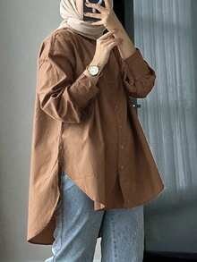 女款寬鬆棕色編織長袖襯衫領上衣，優雅風格，前開扣設計 - 卡其色 - 查看 6