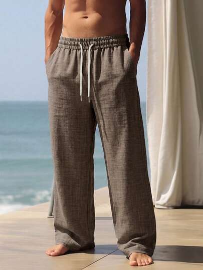 Men's Brown Textured Wide Leg Long Pants, Drawstring Elastic Waist Beach Vacation Casual Pants, Slouchy Daily Outing