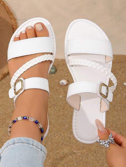 Women's Fashion Flat Sandals, Elegant & Gentle Style, Buckle Design, Solid Color Round Toe Open Toe Slip-On Beach Sandals For Home And Outdoor, Comfortable Shoes For Women