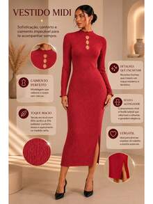 Vestido Midi Feminino Tricot Canelado Manga Longa Gola Alta Elegante - Goiaba - Visão 7