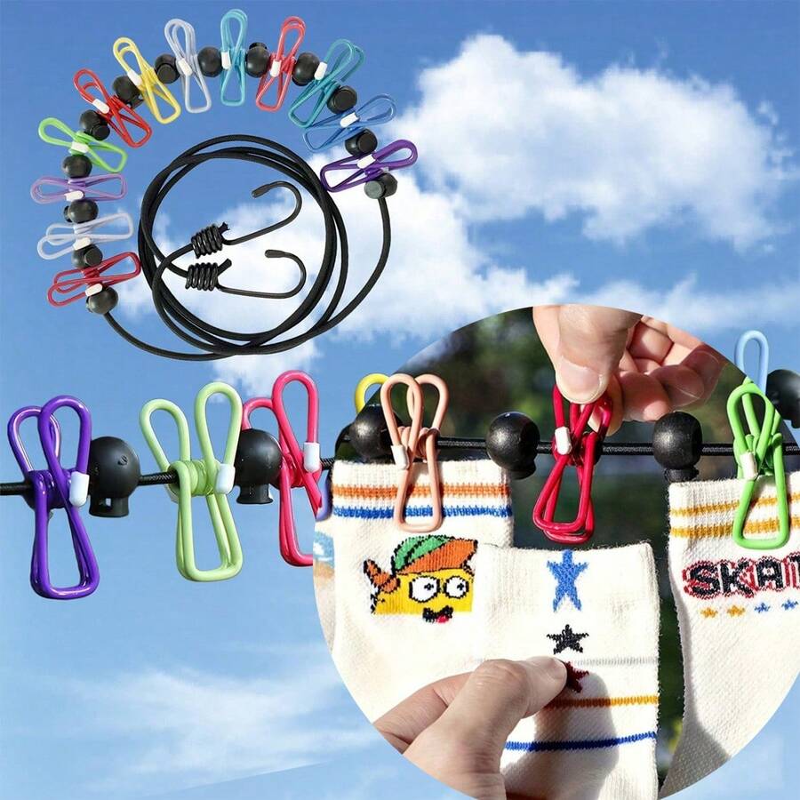 Adjustable Portable Clothesline Set, Suitable For Indoor Laundry Drying And Outdoor Camping, Clothesline Accessories, Adjustable Elastic Clothes Rack, Suitable For Campers And Hotel Rooms - Multicolor - View 1