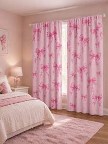 2pcs Pink Bow Print Curtains, Rod Pocket Polyester Bedroom Curtains, Sweet Romantic Home Decor, Living Room Bay Window Curtains, Room Soft Furnishing Textile - Multicolor - View 2