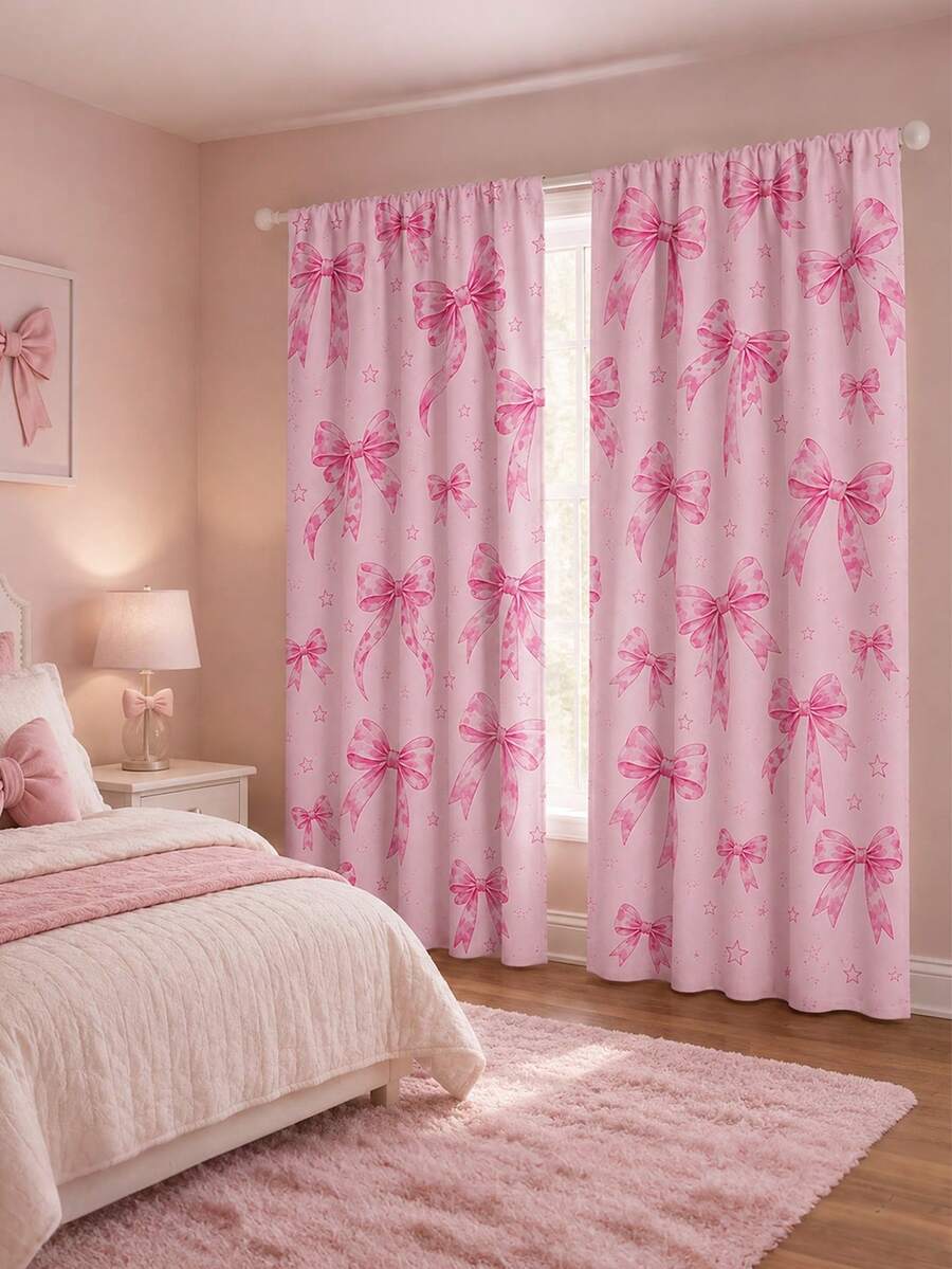 2pcs Pink Bow Print Curtains, Rod Pocket Polyester Bedroom Curtains, Sweet Romantic Home Decor, Living Room Bay Window Curtains, Room Soft Furnishing Textile