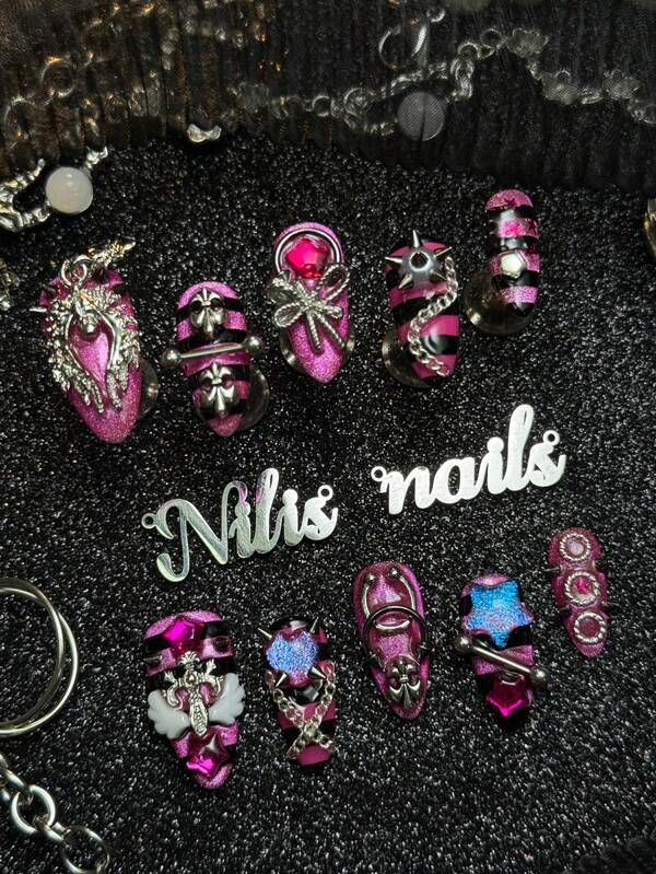 10 piezas de uñas postizas de almendra hechas a mano totalmente cubiertas, uñas rosa fuerte, estilo gótico picante Y2K cool, uñas falsas reutilizables con pegamento de gelatina y lima de uñas, adecuadas para noche de club punk, concierto de festival, fiesta de cumpleaños, atuendo de calle, estilo diario atrevido