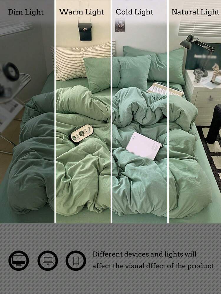Blue & White Color Block Washed Polyester Skin-Friendly 3 PiecesDuvet Cover Set - Mint Green - View 9