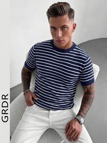 GRDR Men's Minimalist Striped Basic Crew Neck Short Sleeve Knit Sweater, Spring/Summer - Black - View 2