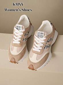 Women's Comfortable Lace-Up Sneakers - Lightweight Multifunctional Casual Shoes, Non-Slip Rubber Sole, Suitable For All Seasons - Leopard Print Beige - View 4