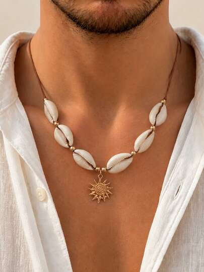 1pc Vintage Bohemian Vacation Style Natural Shell Handmade Woven Necklace, Fashion Metal Sun Pendant Necklace, Adjustable Necklace, Suitable For Men's Daily Wear, Beach Vacation Accessory, Holiday Gift