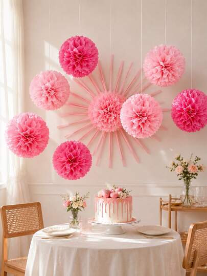 18/6 piezas Pompones de papel rosa, decoraciones de flores de papel crepé, bolas esponjosas hechas a mano, adecuadas para cumpleaños, aniversario, boda, Día de San Valentín, decoración de fondo, decoración de pared