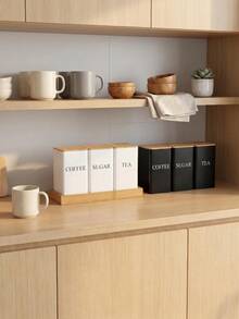 1/3pcs Tin Storage Canisters With Bamboo Lids - Moisture-Proof Airtight Kitchen Containers, Suitable For Coffee, Tea And Sugar - Easy-To-Reach Countertop Storage Rack - Black/White, Optional Tray - Multicolor - View 9