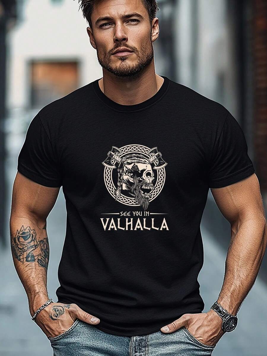 T-shirt décontracté d'été pour hommes à manches courtes T Chemise,Avec VALHALLA Motif - Noir - Voir 1