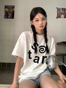 美式字母印花女款T恤上衣，休閒百搭，夏季短袖白色 - 白色 - 查看 1