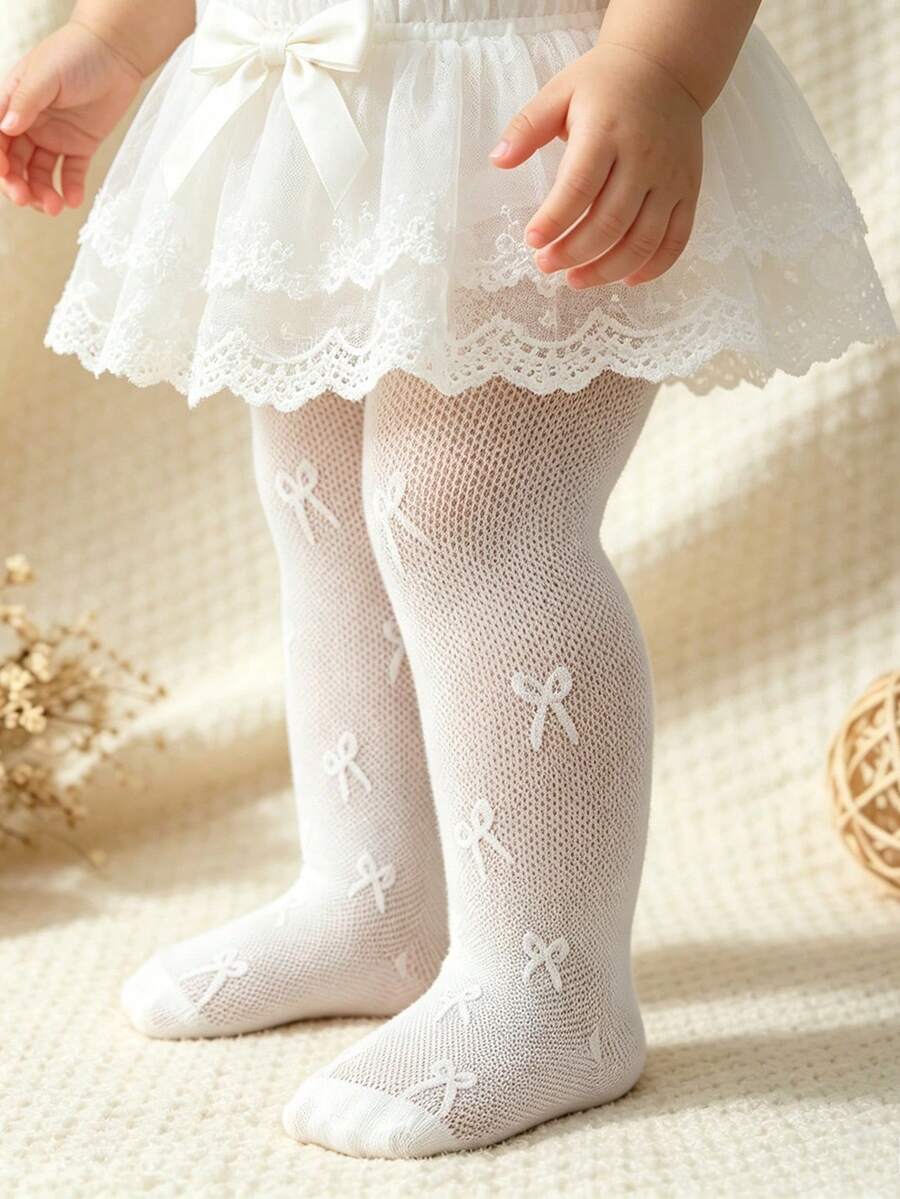 1件 春夏女嬰幼兒尿布蓋褲襪,鏤空蝴蝶結網眼長襪,輕盈舒適透氣休閒百搭打底褲襪,適合日常裙裝搭配與返校穿著 - 白色 - 查看 1