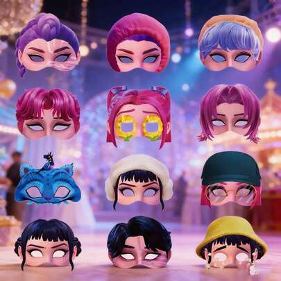 12 piezas Máscaras faciales de estilo de dibujos animados de grupos femeninos de K-POP, hechas de tela cómoda y de alta calidad. Mercancía temática de Warrior Rumi, estilo lindo de INS, adecuado para animar a los fanáticos. Suave, transpirable, duradero, no irritante, cómodo de usar. Excelente para volver a la escuela, graduación, fotos diarias, recompensas en el aula, fiestas temáticas y regalos festivos. Adecuado para adolescentes y fans de K-POP. Las manchas leves no afectarán el uso normal.