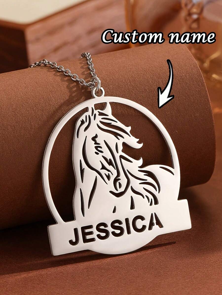 1PC Personalized Stainless Steel Horse Pendant Necklace - Custom Engraving, Hollow Design Unisex, Fashionable Wildlife Jewelry, Birthday Anniversary Gift, Custom Name Necklace, Gift For Girlfriend, Thanksgiving Gift, Personalized Jewelry - Multicolor 4 - View 1