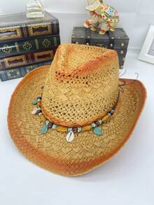 1pc Bohemian Mixed Color Beaded Hollow Panama Straw Hat, Casual Protective Decorative Sun Hat, Fashionable Versatile, Suitable For Outdoor Activities, Fashion Women's Hat, Women's Country Hat, Women's Hat, Suitable For All Seasons, Holiday Gift, Mother's Day Gift For Mom, Valentine's Day, Suitable For Vacation, Photography, Gift For Women - Multicolor - View 9