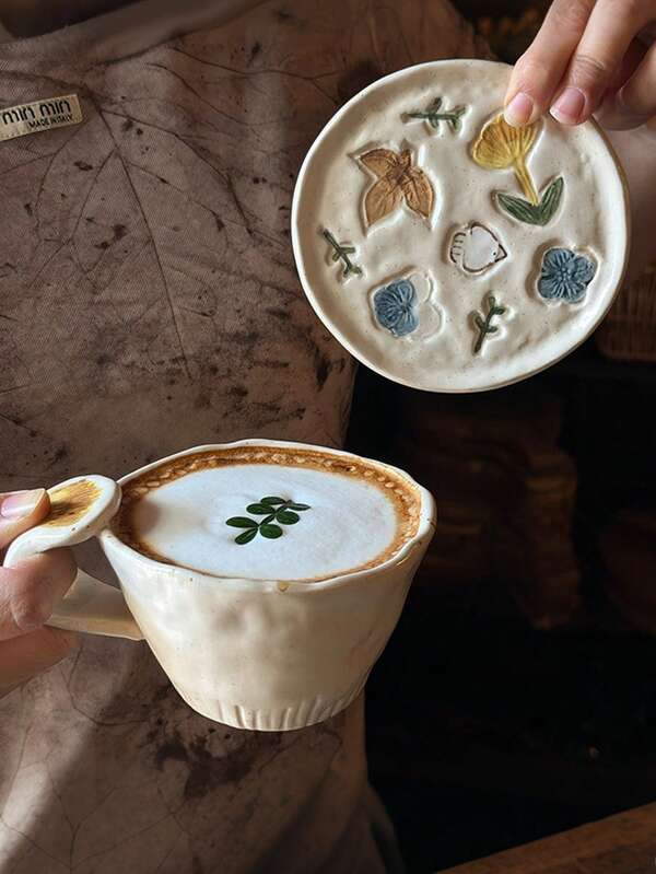 Healing Matte Thick Ceramic Floral & Bird Small Plate, High-End Underglaze Colorful Insulated Coffee Saucer
